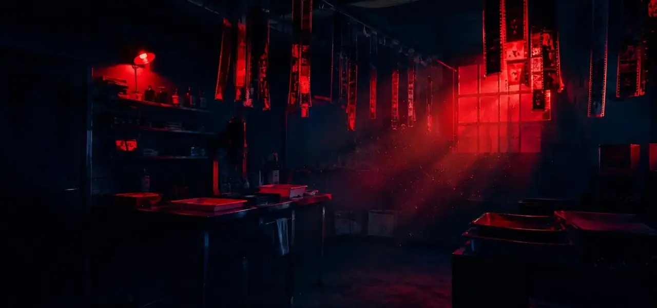 91短剧《底片铺的第十三年》场景海报：暗房红灯下悬挂的底片