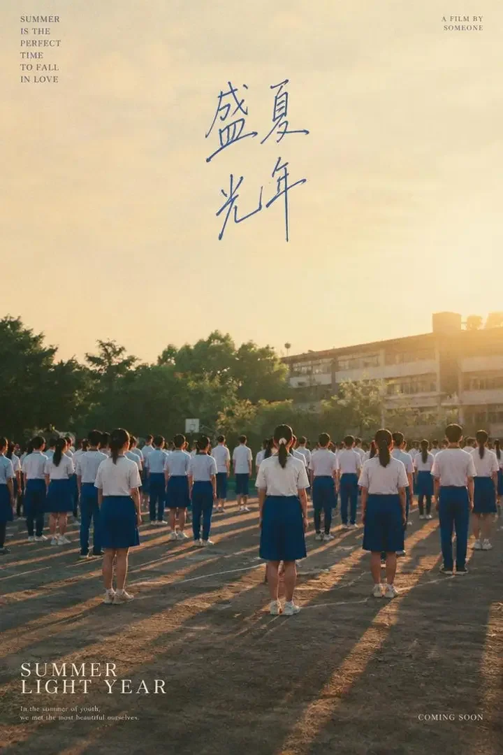 91短剧《毕业照那天没下雨》官方封面：夏日操场排列成队的蓝白校服学生