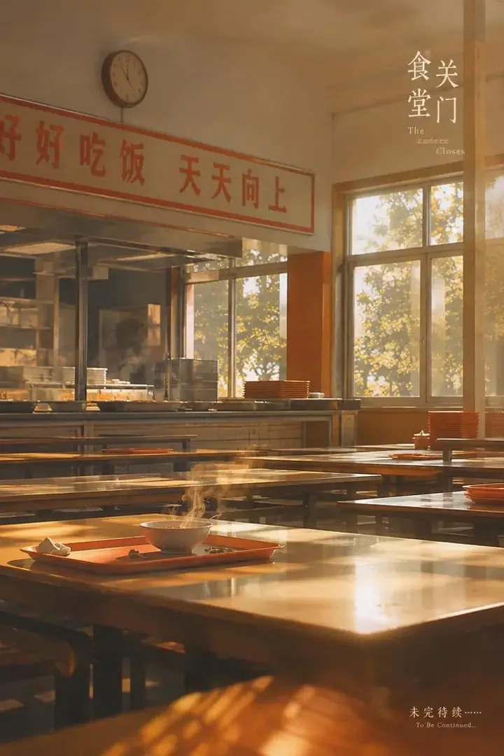 91短剧《食堂最后一份糖醋排骨》官方封面：放学后安静的学生食堂餐盘与蒸汽